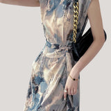 Half-stand collar ink wash printed dress