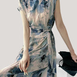 Half-stand collar ink wash printed dress