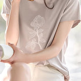 Round neck floral embroidery short sleeve T-shirt