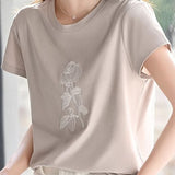 Round neck floral embroidery short sleeve T-shirt