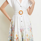 Vintage printed button-up dress with belt