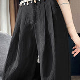 High-waisted shell weave pleated cotton-linen straight leg pants