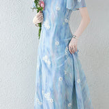 Square neck embroidered mixed color dress