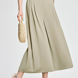 Decorative button elastic waist pleated wide-leg culottes