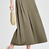 Decorative button elastic waist pleated wide-leg culottes