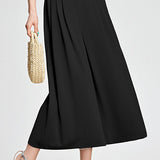 Decorative button elastic waist pleated wide-leg culottes