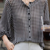 Checkered chiffon round neck button-up long sleeve sun protection shirt