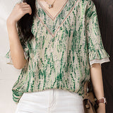 V-neck printed ruffled sleeve loose shirt