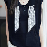 Collared scarf half-button sleeveless knit T-shirt