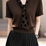 Elegant polka dot tie knit top and pleated skirt set