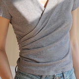 Casual crossover V-neck pleated T-shirt