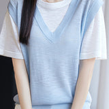 Loose Color-Blocked Faux Two-Piece Short Sleeve T-Shirt