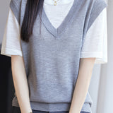 Loose Color-Blocked Faux Two-Piece Short Sleeve T-Shirt