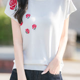 French Rose Jacquard Short Sleeve Knit T-Shirt