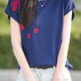 French Rose Jacquard Short Sleeve Knit T-Shirt
