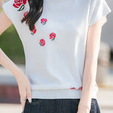 French Rose Jacquard Short Sleeve Knit T-Shirt