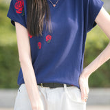 French Rose Jacquard Short Sleeve Knit T-Shirt