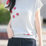French Rose Jacquard Short Sleeve Knit T-Shirt