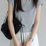Collared Short Sleeve Knit Top
