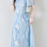 Square neck embroidered mixed color dress