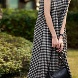 Checkered round neck sleeveless pleated A-line dress