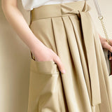 Solid color tie waist wide-leg skirt pants