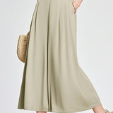 Decorative button elastic waist pleated wide-leg culottes