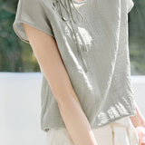 Round neck tie detail raglan sleeve shirt