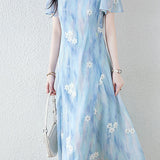 Square neck embroidered mixed color dress