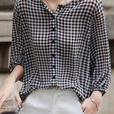Checkered chiffon round neck button-up long sleeve sun protection shirt