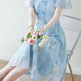 Square neck embroidered mixed color dress