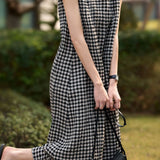 Checkered round neck sleeveless pleated A-line dress