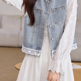 Lace Patchwork Denim Vest Jacket