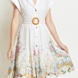Vintage printed button-up dress with belt