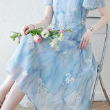 Square neck embroidered mixed color dress