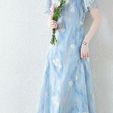 Square neck embroidered mixed color dress