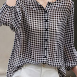 Checkered chiffon round neck button-up long sleeve sun protection shirt