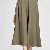 Decorative button elastic waist pleated wide-leg culottes