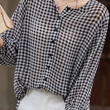 Checkered chiffon round neck button-up long sleeve sun protection shirt