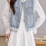 Lace Patchwork Denim Vest Jacket