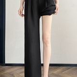 High-waisted shell weave pleated cotton-linen straight leg pants