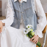 Lace Patchwork Denim Vest Jacket