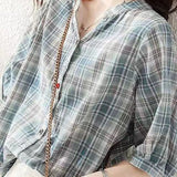 Round stand collar button-up short sleeve loose casual shirt with drawstring hem