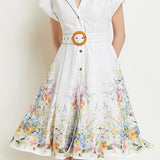 Vintage printed button-up dress with belt