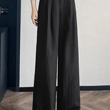 High-waisted shell weave pleated cotton-linen straight leg pants