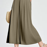 Decorative button elastic waist pleated wide-leg culottes