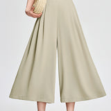 Decorative button elastic waist pleated wide-leg culottes