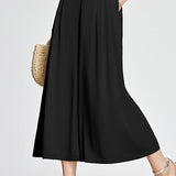 Decorative button elastic waist pleated wide-leg culottes