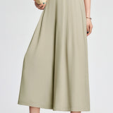 Decorative button elastic waist pleated wide-leg culottes