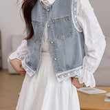 Lace Patchwork Denim Vest Jacket